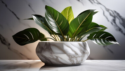Vibrant Leaves In A Stylish Marble Pot
