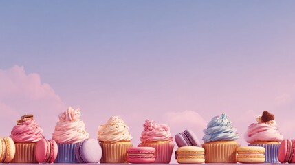 Cupcakes and macarons, pink pastel sky background