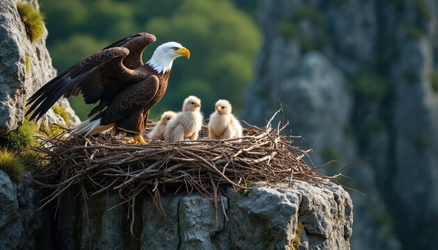 An eagle and its eaglets rest in a nest on cliff edge. Mother eagle with white head and yellow beak guards offspring. Nature wildlife bird of prey concept.