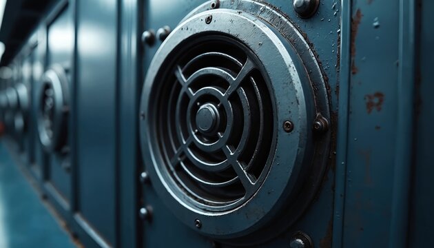 Close up of circular air vent grille. Metal structure offers air circulation. Ventilation system installed on ship. Marine air conditioning unit ensures air quality. Industrial fan cools boat engine.