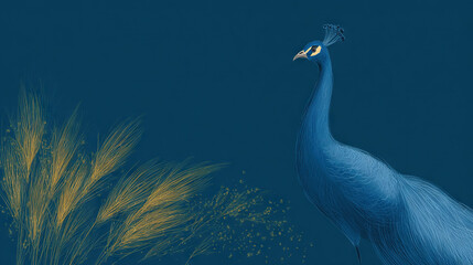Blue Peacock Standing Against Dark Background with Wheat
