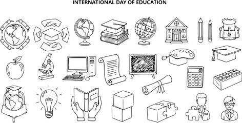 Obraz premium International Day of Education black and white line art icons: globes, books, graduation caps, school supplies, computer, microscope, apple, chalkboard, art palette