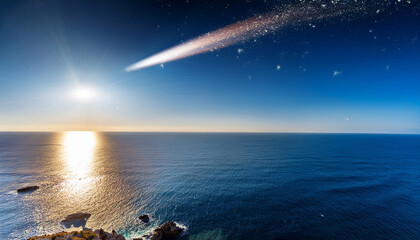 Meteor Hurtling Toward Earth Creating A Bright Trail Over The Ocean While Reflecting Sunlight In A Modern Atmospheric Setting
