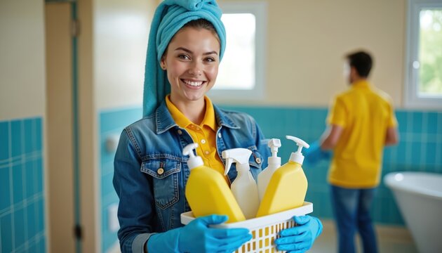 Smiling young woman in bright restroom holding cleaning supplies. Pro cleaners team ready for sanitation tasks. Indoor cleaning service concept. Housekeeping and hygiene concept in a modern bathroom - Powered by Adobe