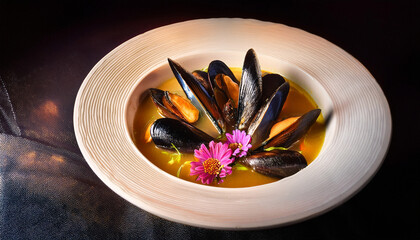 Mussels In Golden Broth Flowers And Dark Background Close Up Vibrant Colors Enticing