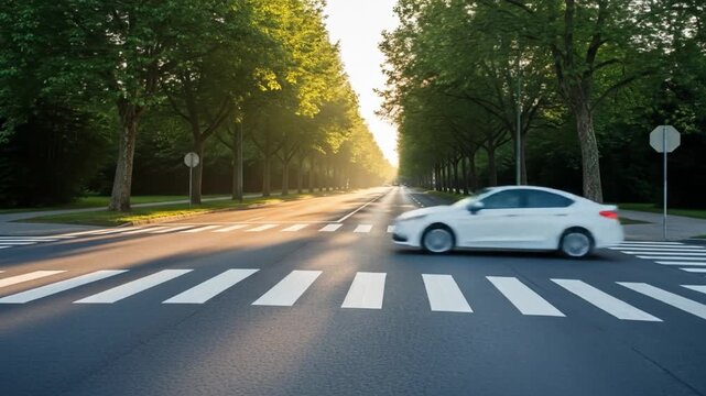 A white car driving on a road with trees on both sides, crossing a pedestrian crossing in a sunny environment. Perfect for transportation, travel, and cityscape backgrounds.
