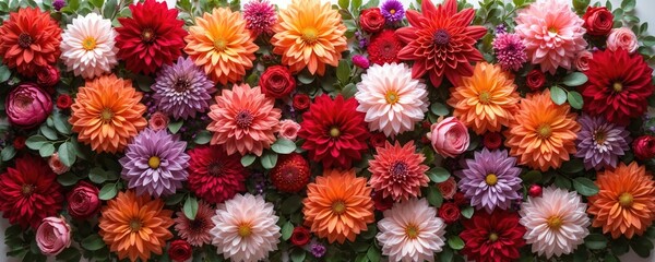 Colorful floral arrangement diverse blooms. Red orange pink purple white flowers clustered together. Vibrant flowers display natural beauty. Decorative backdrop for events weddings celebrations.