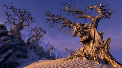 Pixelated Desert Landscape With Ancient Trees At Twilight