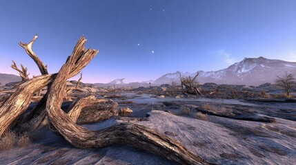 Starry Night Desert Landscape With Dead Trees
