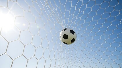 Soccer ball flying into goal net on sunny day
