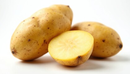 Whole yellow potatoes and one cut in half lie on white surface. Fresh tubers show earthy skin texture. Ideal for food blogs recipes or healthy eating content.
