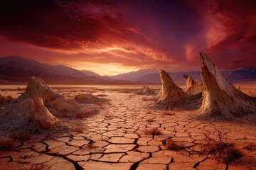 Dramatic Sunset Over Cracked Desert Landscape