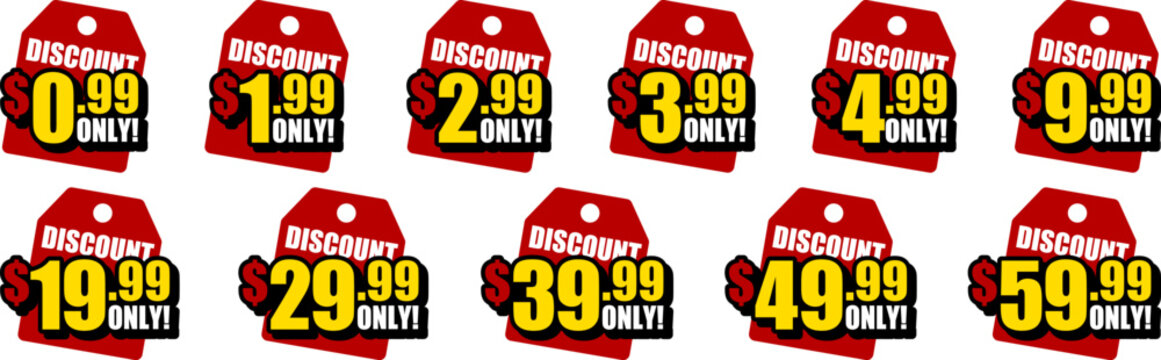 Discount price tag　0.99 Dollars/1.99 Dollars/2.99 Dollars/3.99 Dollars/4.99 Dollars/9.99 Dollars/19.99 Dollars/29.99 Dollars/39.99 Dollars/49.99 Dollars/59.99 Dollars ONLY
