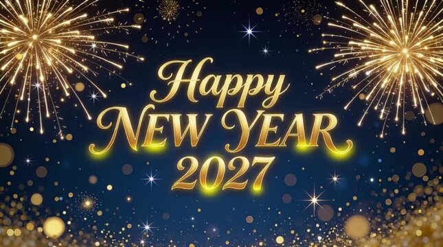 A festive and elegant New Year 2027 greeting background featuring a deep navy blue night sky theme. Happy New Year, New Year