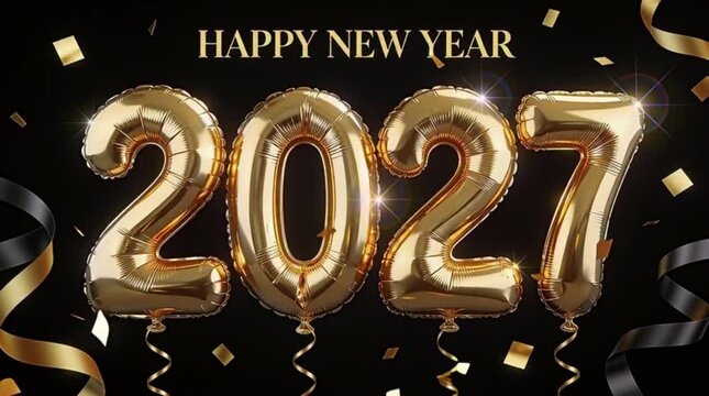 A large, glossy golden foil balloon numbers spelling 2027 centered against a deep black background. Happy New Year, New Year