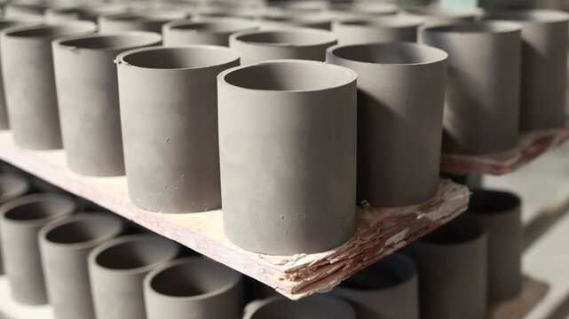 Rows of identical unfired ceramic cylinders&rsquo; rest on wooden drying racks