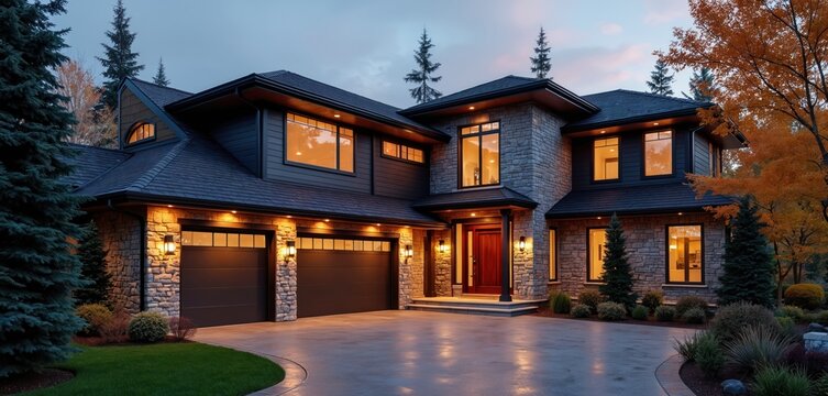 Luxurious modern house exterior at dusk. Stone, siding facade with double garage offers elegant curb appeal. Illuminated entrance glows. Landscaping frames beautiful home creating inviting