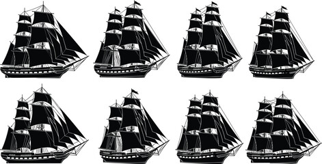 Vintage sailing ships vector illustration set, tall wooden vessels in black silhouette for maritime history, nautical design, pirate, ocean travel themes © Gita