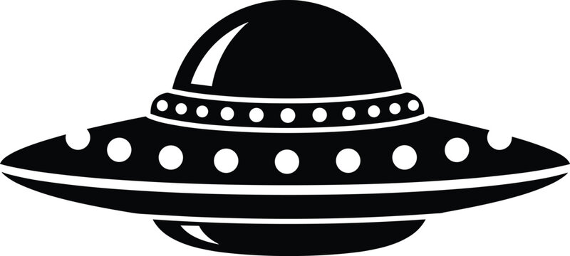 UFO flying saucer vector illustration, black silhouette alien spacecraft icon for science fiction, extraterrestrial technology, space mystery design, concept art poster