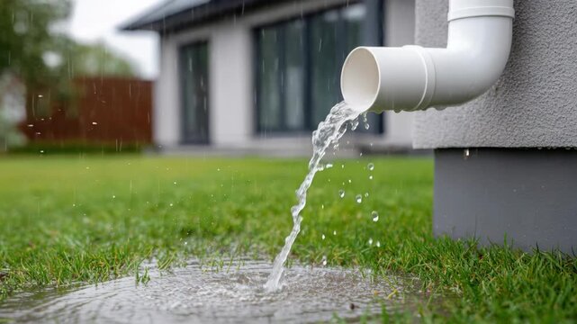 Water flows from a downspout onto a grassy lawn during a rain shower, creating a puddle.