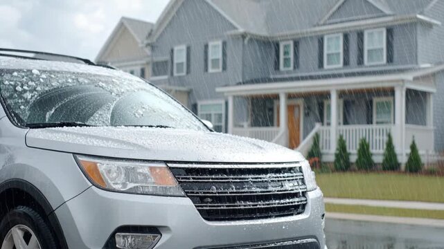 A silver SUV parked in front of a house on a rainy day, with raindrops hitting the windshield.