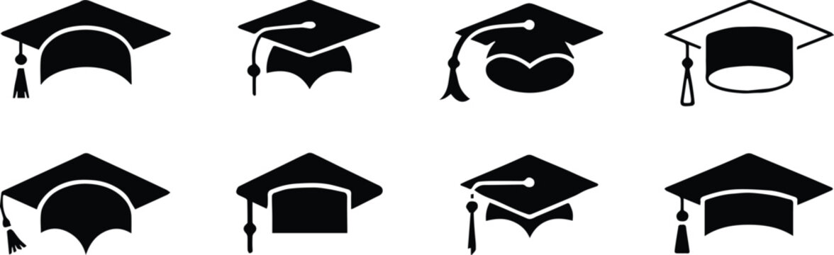 graduation caps icons set eight mortarboard headwear illustrations