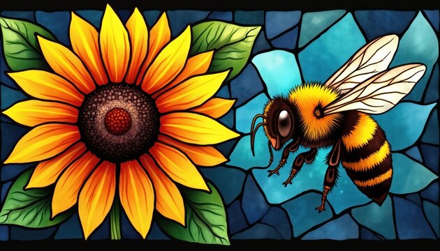 Bee flies toward big yellow sunflower. Illustration has stained glass look with mosaic pattern. Vibrant colors on dark background. Nature art inspired graphic.
