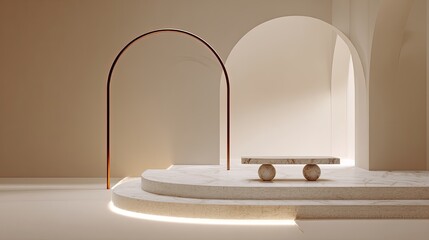 Beige Minimalist Interior Display Stage With Arch And Marble Platform
