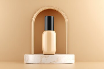 Beige Cosmetic Bottle On Marble Podium With Gold Arch