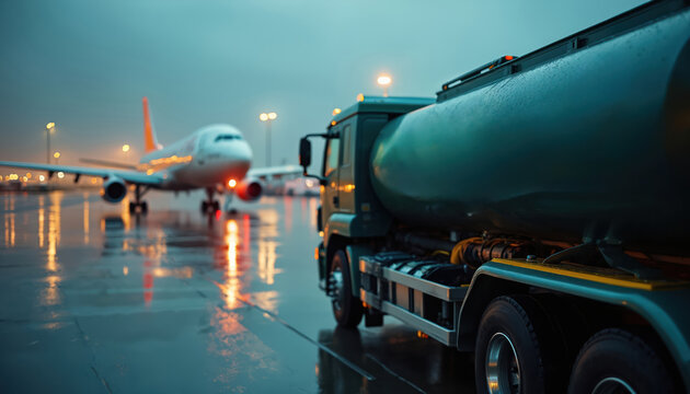 Large green fuel truck on wet airport tarmac at dusk. Tanker vehicle carries sustainable aviation fuel to commercial airplane. Large aircraft waits for takeoff. Night aviation operations, transport,