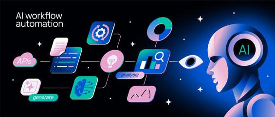 AI Workflow Automation. Modern banner with cyborg powered by artificial intelligence, analyzing business data and financial statistics to make decisions. Neural network. Cartoon vector illustration