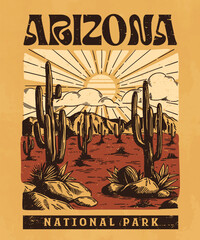 Arizona National Park Landscape. Sketch style grunge poster with desert, cactuses, rocky mountains and sun. Design element for fashion prints and t shirts. Hand drawn vector illustration