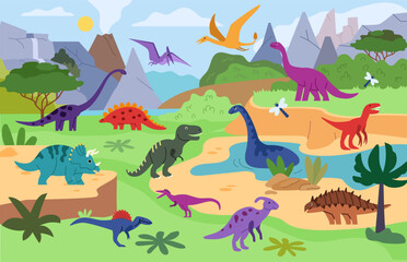 Dinosaur landscape. Beautiful prehistoric scenery with mountains, forest, ancient plants and animals. Detailed environment with Pterodactyl, Stegosaurus and Brachiosaurus. Flat vector illustration