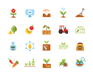 Set of agriculture icons. Colorful signs with seedlings, grain crops fields, farm tractor, vegetables and irrigation system. Flat vector illustration collection isolated on background