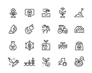 Set of line art agriculture icons. Simple symbols with seedling, grain crops fields, farm tractor and irrigation system. Editable stroke. Outline vector illustration collection isolated on background