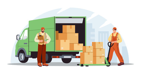 Shipping, distribution and delivery. Logistics service workers loading boxes onto truck. Export and import of cargo, parcels and orders. Freight transportation. Flat vector illustration