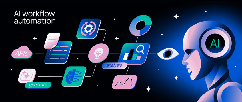 AI Workflow Automation. Modern banner with cyborg powered by artificial intelligence, analyzing business data and financial statistics to make decisions. Neural network. Cartoon vector illustration
