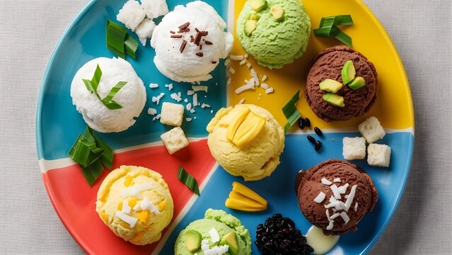 An artistic platter of tropical ice cream scoops (likely Es Puter) featuring flavors like coconut, pandan, jackfruit, and chocolate. It is garnished with pandan leaves, fruit chunks, and black glutino