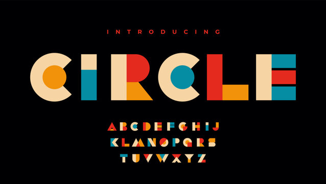 Colorful geometric font. Modern creative typeface with English alphabet letters. Typography set with letters made from circles, rectangles, and triangles. Flat vector collection isolated on background