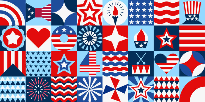 American Independence Day Banner. Bauhaus style greeting card with geometric patterns in national flag colors of USA. Design for 4th of July holiday celebration. Flat vector illustration