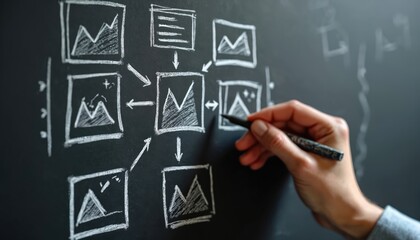 Hand draws flowchart on chalkboard. Boxes with graphs and arrows connect elements. Shows process, strategy, and planning. Ideas are sketched on blackboard.