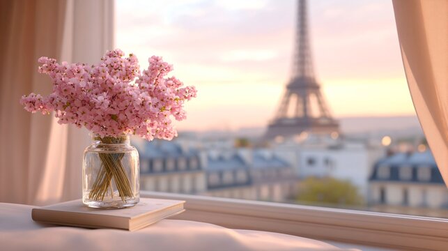 Pink blooming flowers a vase on book, romantic golden hour view of Eiffel Tower from bed. St Valentines Day honeymoon travel concept.