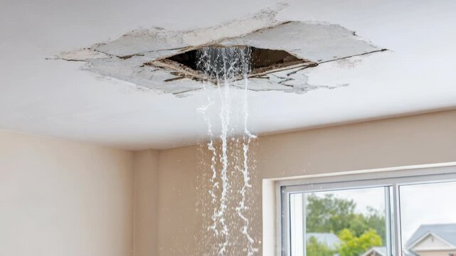 Water pouring through a gaping hole in a damaged ceiling in a room with a window.