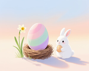 Easter illustration featuring a soft, white bunny holding an egg, with a pastel-colored egg in a nest and a daffodil, showcasing a gentle pastel color palette.