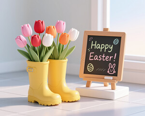 Vibrant Easter illustration featuring tulips in yellow boots and a chalkboard sign with Happy Easter message, showcasing a playful spring scene.