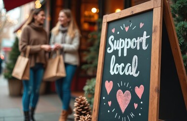 Fototapeta premium Two women carry shopping bags outside a store with a Support Local sign on a chalkboard. They appear to be friends or customers browsing, possibly during a holiday shopping season.
