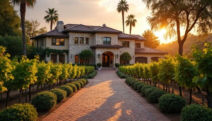 Obraz premium Illustration of luxury estate at sunset. Beautiful vineyard home with brick pathway palm trees and vibrant green plants. Scenic real estate property for sale in Napa Valley.