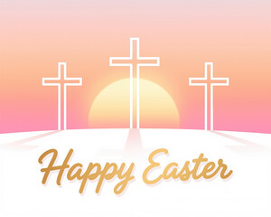 Easter illustration with minimalist style, featuring three white crosses and sunrise, conveying a sense of hope and renewal with simple yet powerful design.