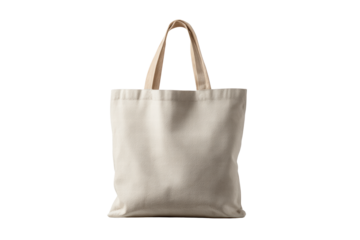 A white canvas bag with a tan handle. The bag is empty. The bag is a blank canvas for the user to fill it with whatever they want, png	
