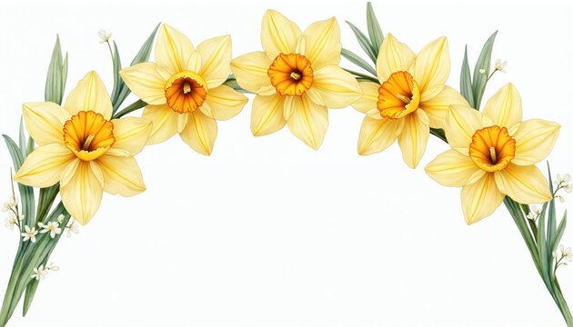 Watercolor daffodils arch floral arrangement on white. Spring blossoms with leaves. Fresh beauty plants border for easter holiday. Elegant flowers for wedding card design. Floral frame element.